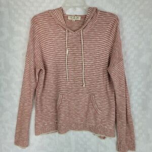 Pink Rose pink ivory striped hoodie pullover pocket slouchy beach boho casual L